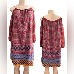 Tacera Bohemian Pattern Sheer Overlay Cold Shoulder Half Sleeve Dress Medium